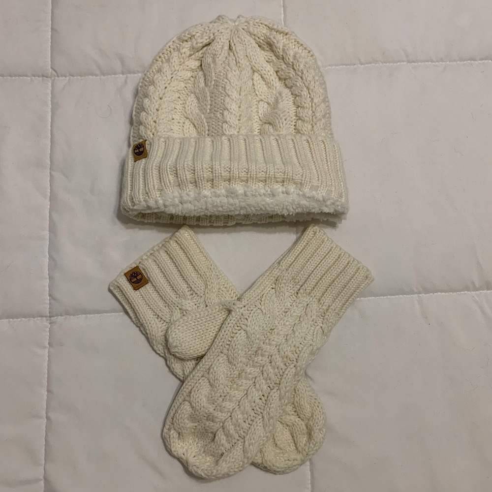 Timberland: woven hat and mitten set; white hat and mittens; wool beanie